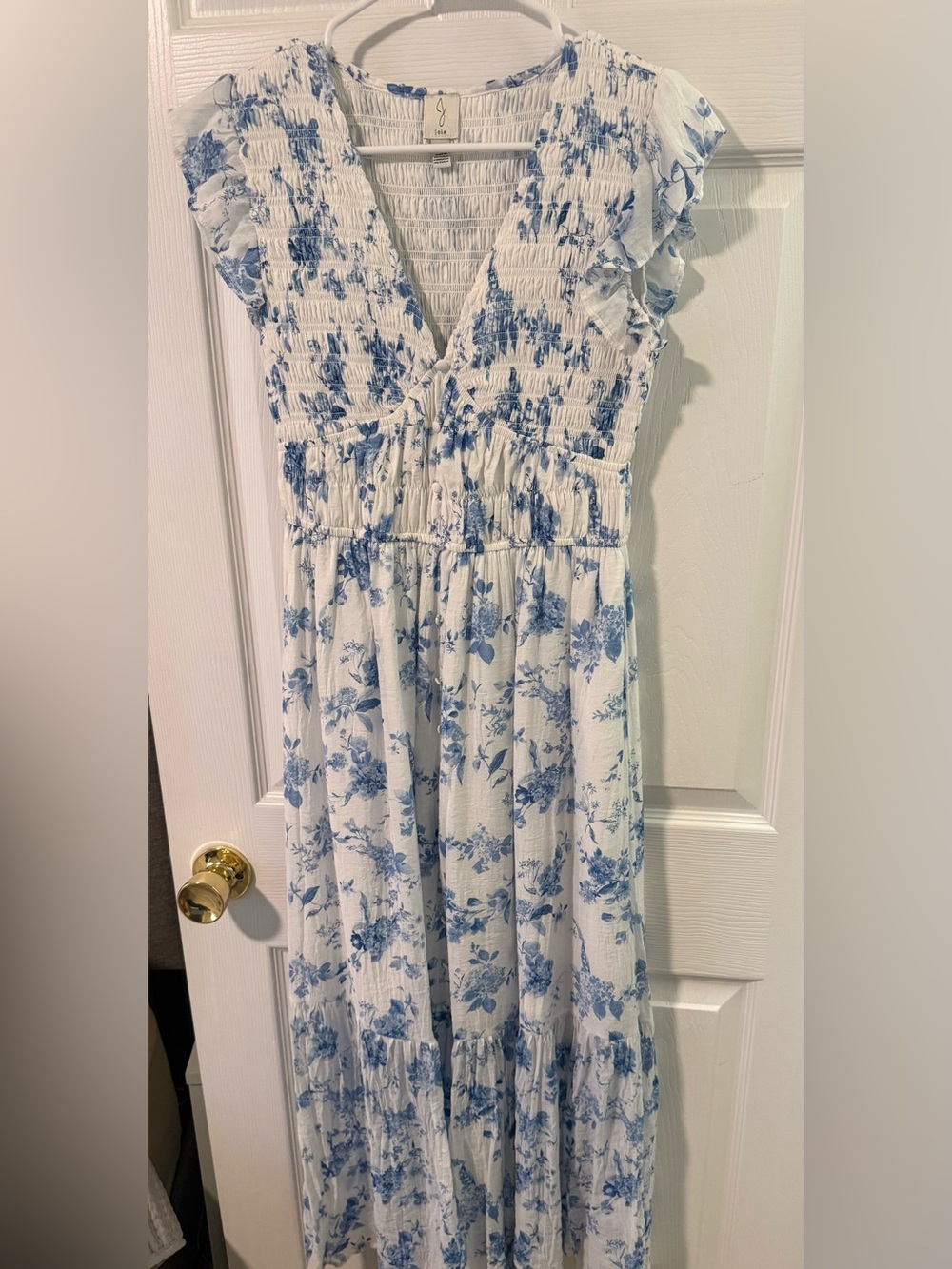 Jolie White Maxi Dress with Blue Floral Print